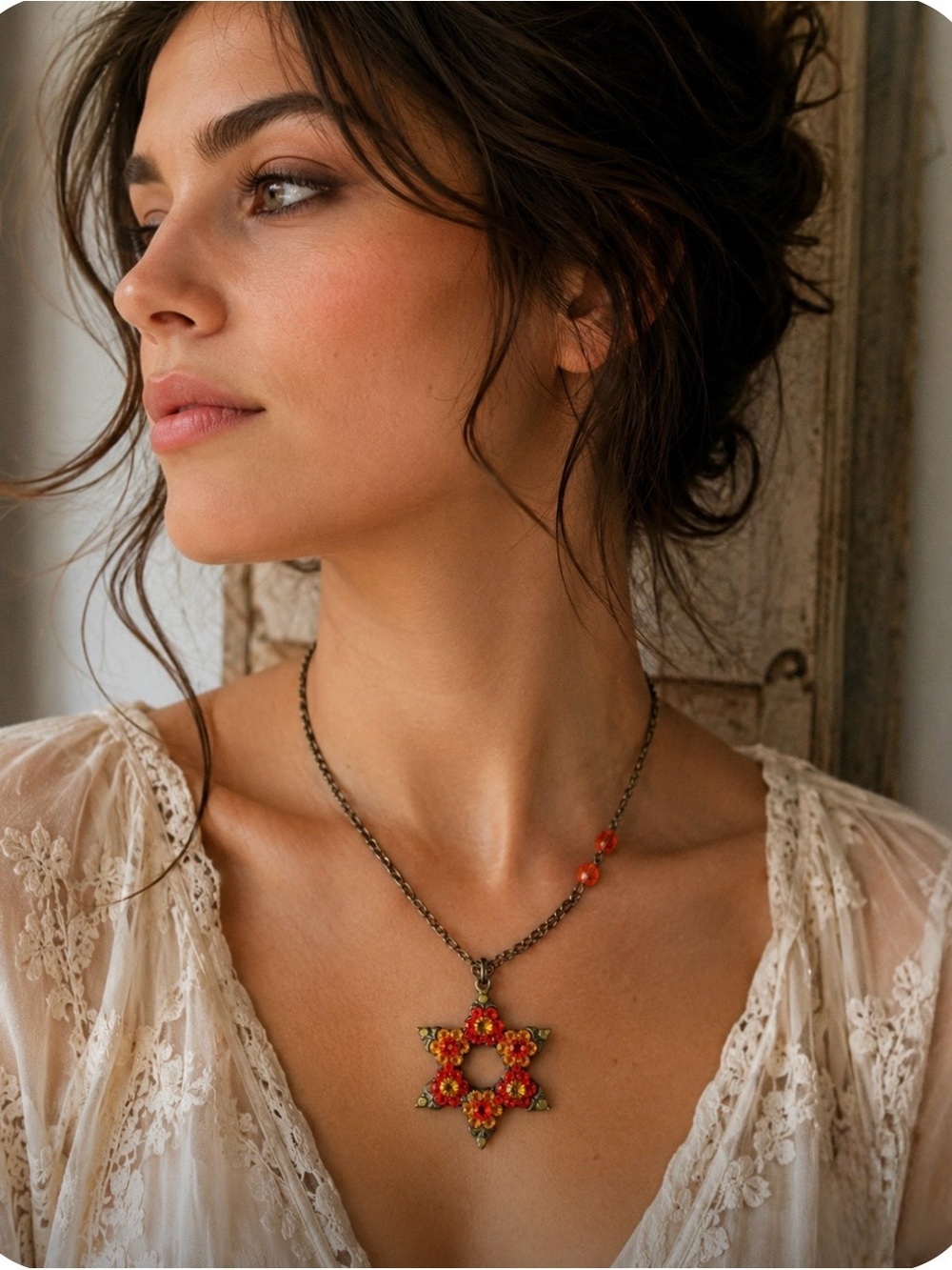 Michael Negrin Floral Starburst Pendant Necklace in Orange and Amber
